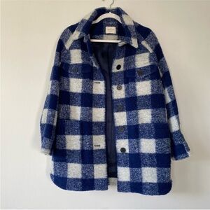 Sezane Navy and Cream Checkered Teddy Wool blend Coat